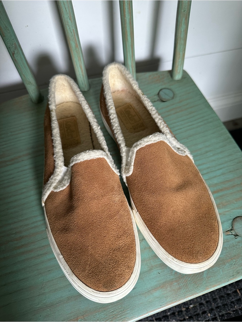 Keds Tan Suede Slip-On Loafers with Cream Sherpa Lining